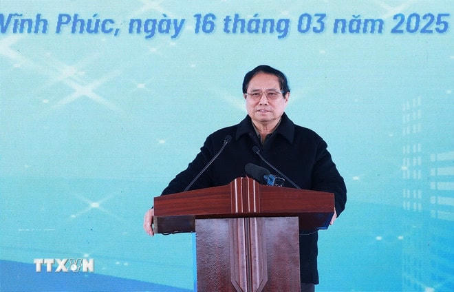 Thủ tướng Phạm Minh Chính phát biểu tại Lễ khởi công Nhà ở xã hội Khu đô thị mới Nam Vĩnh Yên. (Ảnh: Dương Giang/TTXVN) ttxvn-1603-thu-tuong-nha-o-xa-hoi-vinh-phuc-6.jpg