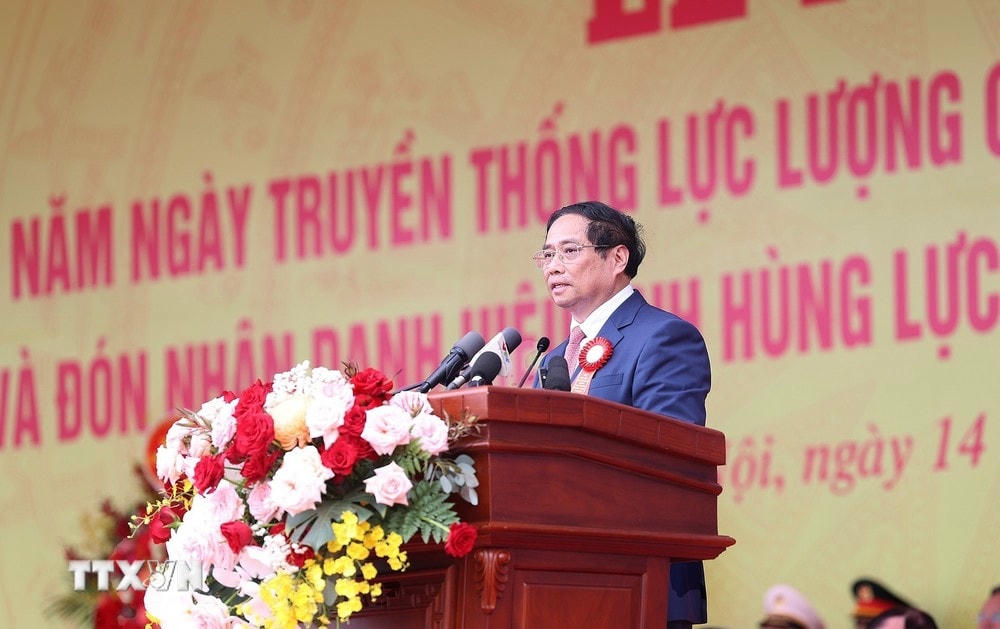Thủ tướng Phạm Minh Chính phát biểu tại Lễ kỷ niệm 50 năm Ngày truyền thống lực lượng Cảnh sát Cơ động. (Ảnh: Dương Giang/TTXVN) TTXVN_1404Thutuong11.jpg
