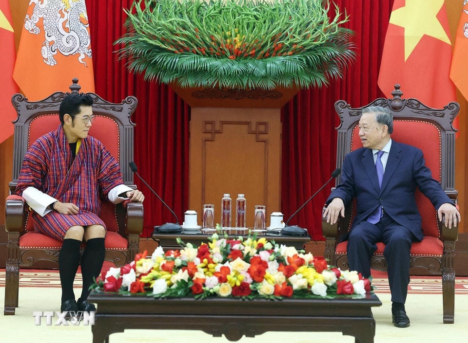 Tổng Bí thư Tô Lâm tiếp Quốc vương Bhutan Jigme Khesar Namgyel Wangchuck. (Ảnh: Thống Nhất/TTXVN)