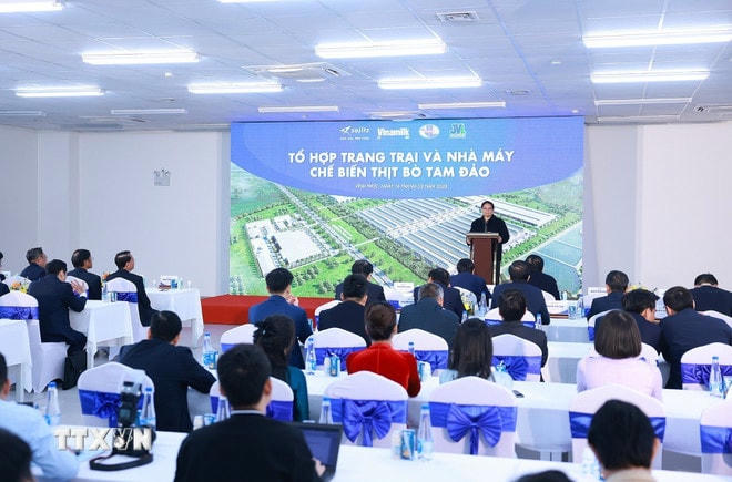 Thủ tướng Phạm Minh Chính phát biểu khi đến thăm Tổ hợp Trang trại và Nhà máy chế biến thịt bò Tam Đảo. (Ảnh: Dương Giang/TTXVN) ttxvn-thu-tuong-tham-khao-sat-mot-so-du-an-tai-tinh-vinh-phuc-16-4.jpg