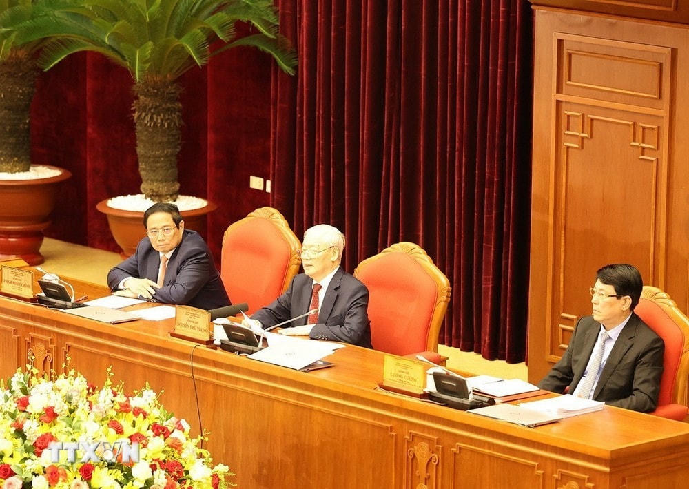 Tổng Bí thư Nguyễn Phú Trọng chủ trì và phát biểu bế mạc Hội nghị Trung ương lần thứ 9, khóa XIII. (Ảnh: Trí Dũng/TTXVN) ttxvn_hoi nghi trung uong 03_resize.jpg