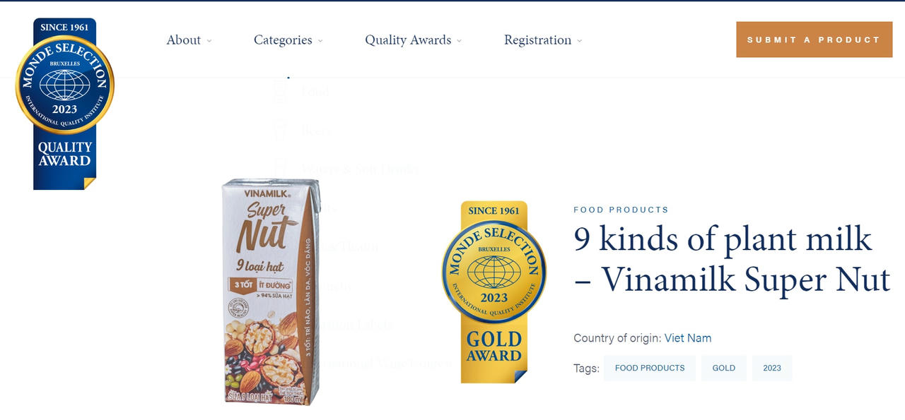 Sữa 9 Loại hạt Vinamilk Super Nut được vinh danh Giải Vàng theo Monde Selection.