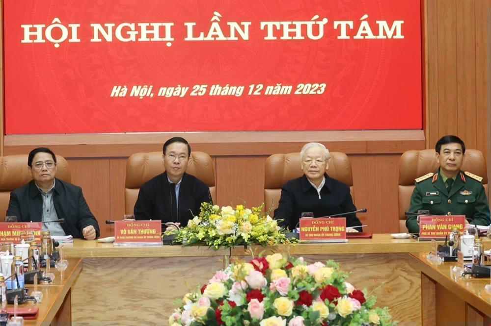 Tổng Bí thư Nguyễn Phú Trọng cùng các lãnh đạo Đảng, Nhà nước, Quân ủy Trung ương chủ trì hội nghị. (Ảnh: Trí Dũng/ TTXVN)