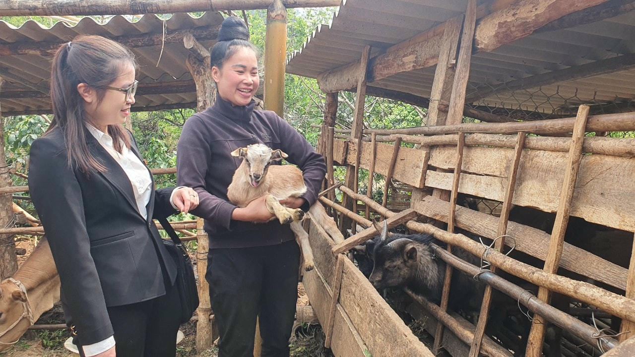 Chị Đỗ Phương Thảo, cán bộ tín dụng Agribank Sơn La thăm khách hàng.