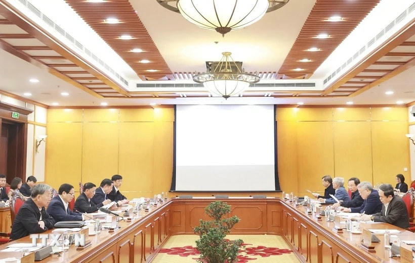 Quang cảnh cuộc họp do Tổng Bí thư Tô Lâm chủ trì cho ý kiến hoàn thiện Chuyên đề về đột phá phát triển khoa học, công nghệ. (Ảnh: Thống Nhất/TTXVN)