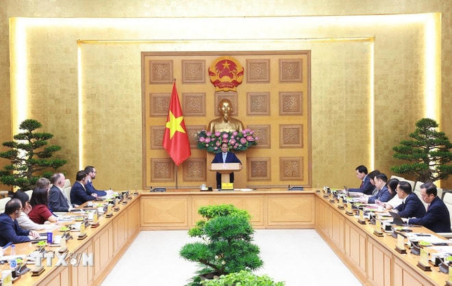 Thủ tướng Phạm Minh Chính phát biểu tại cuộc tọa đàm với các doanh nghiệp Vương quốc Anh. (Ảnh: Dương Giang/TTXVN) ttxvn-thu-tuong-toa-dam-doanh-nghiep-vuong-quoc-anh-8.jpg