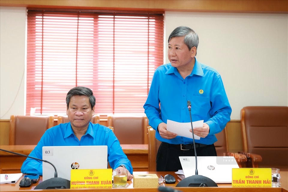 Phó Chủ tịch Thường trực Tổng Liên đoàn Lao động Việt Nam Trần Thanh Hải phát biểu tại hội nghị. 
