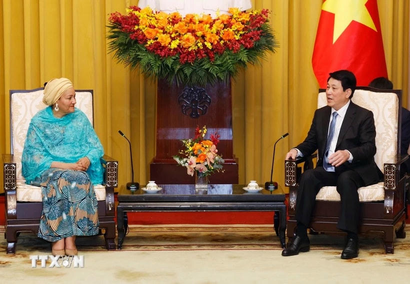 Chủ tịch nước Lương Cường tiếp Phó Tổng Thư ký Liên hợp quốc Amina Mohammed. (Ảnh: Lâm Khánh/TTXVN)