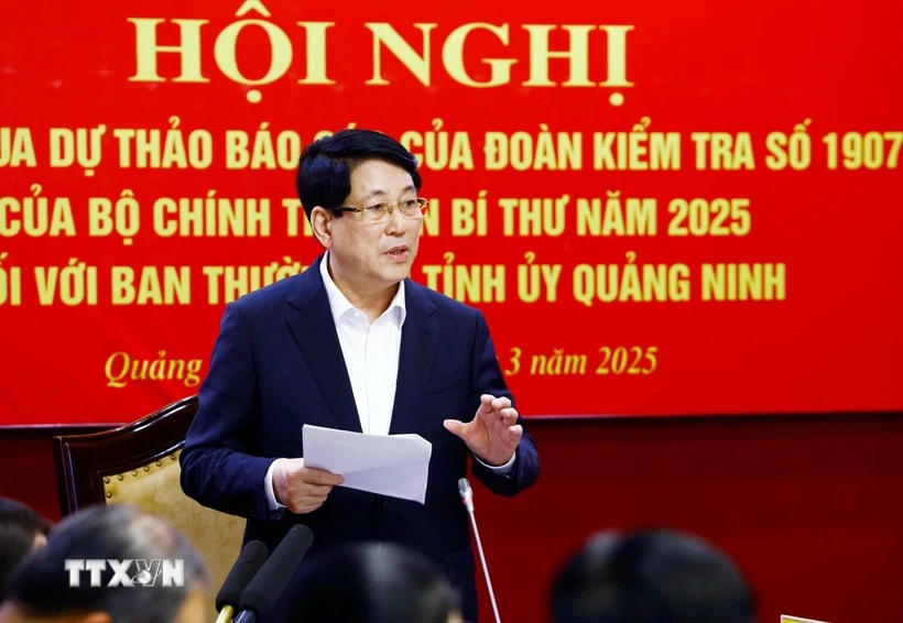 Ủy viên Bộ Chính trị, Chủ tịch nước Lương Cường, Trưởng đoàn kiểm tra số 1907 phát biểu chỉ đạo. (Ảnh: Lâm Khánh/TTXVN)
