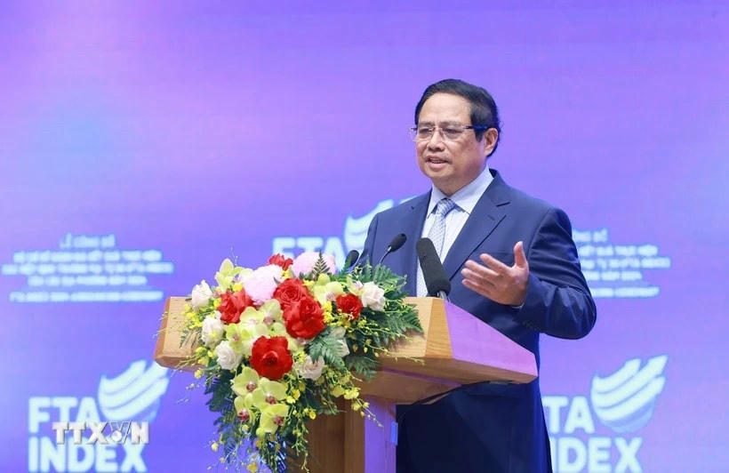 Thủ tướng Phạm Minh Chính phát biểu tại Lễ công bố Bộ chỉ số đánh giá kết quả thực hiện các hiệp định thương mại tự do (FTA INDEX) của các địa phương năm 2024. (Ảnh: Dương Giang/TTXVN)