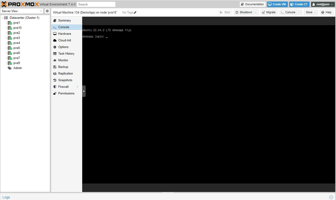 Giao diện máy chủ ảo Linux trên Proxmox.