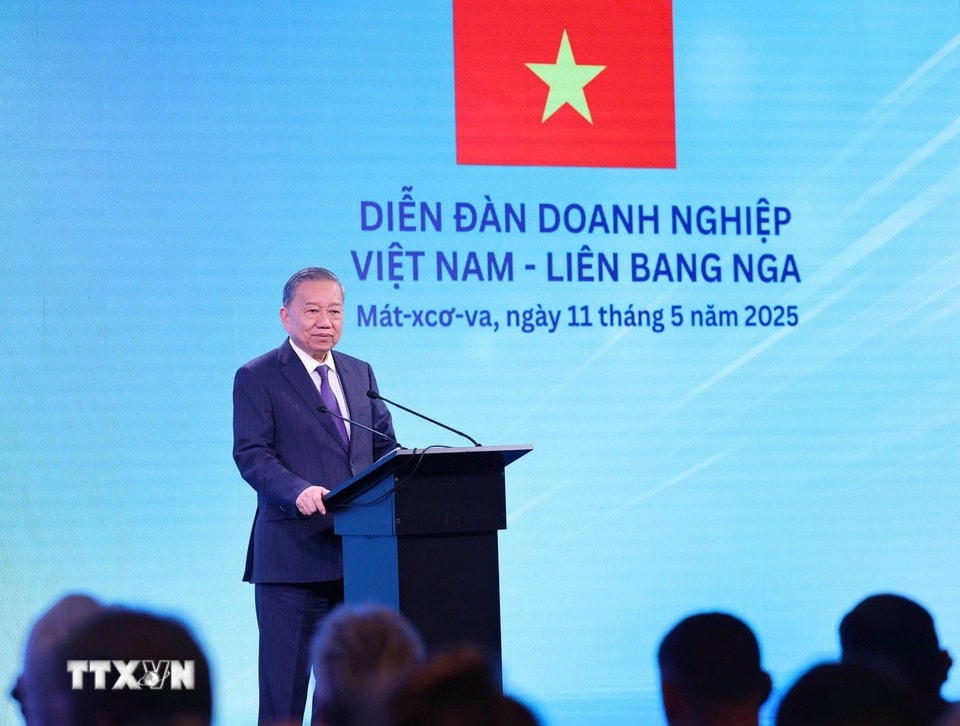 Tổng Bí thư Tô Lâm phát biểu tại Diễn đàn Doanh nghiệp Việt Nam-Liên bang Nga. (Ảnh: Thống Nhất/TTXVN)