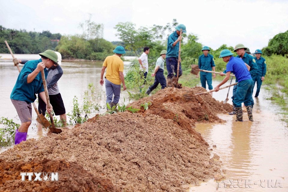 Dân quân tự vệ đắp đê bao ngòi Giành, xã Tuy Lộc, huyện Cẩm Khê, tỉnh Phú Thọ, khắc phục hậu quả của cơn bão số 3, tháng 9/2024. (Ảnh: Tạ Toàn/TTXVN)