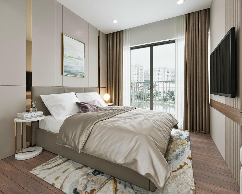 Không gian hiện đại với ban công và cửa kính tấm lớn cho phép ánh sáng tự nhiên và không khí lưu thông tràn ngập căn hộ.