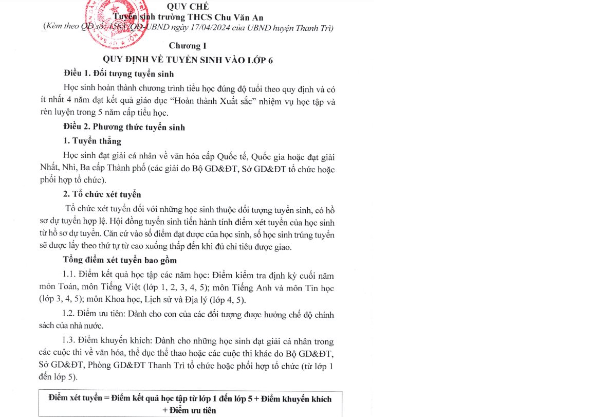 Học sinh phải đạt ít nhất 4 năm Hoàn thành Xuất sắc mới đủ điều kiện xét tuyển vào Trường THCS Chu Văn An (Thanh Trì, Hà Nội).