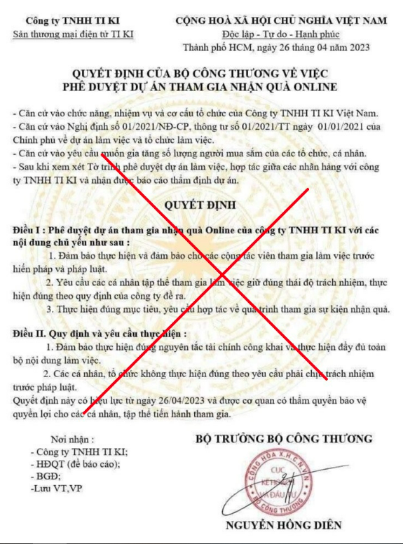 Văn bản giả mạo Bộ Công Thương. Ảnh: Bộ Công Thương