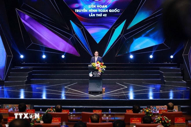 Thủ tướng Phạm Minh Chính phát biểu tại Lễ bế mạc Liên hoan Truyền hình toàn quốc lần thứ 42. (Ảnh: Dương Giang/TTXVN) ttxvn-thu-tuong-lien-hoan-truyen-hinh-5.jpg