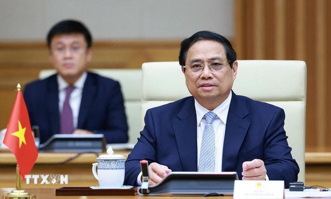 Thủ tướng Phạm Minh Chính phát biểu tại cuộc hội đàm với Thủ tướng Kyrgyzstan Adylbek Kasimalyev. (Ảnh: Dương Giang/TTXVN) ttxvn-0603-thu-tuong-viet-nam-kyrgyzstan-hoi-dam-4.jpg