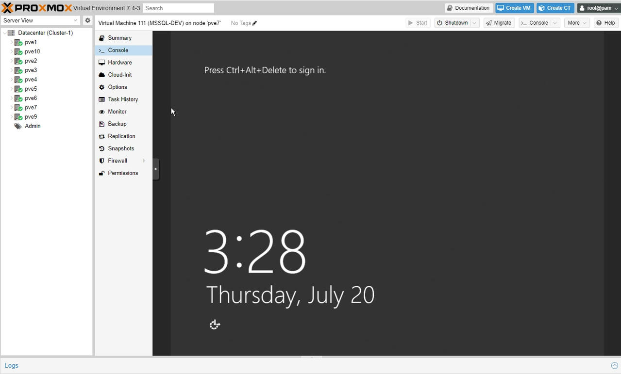 Giao diện máy chủ ảo Windows Server 2012 trên Proxmox.