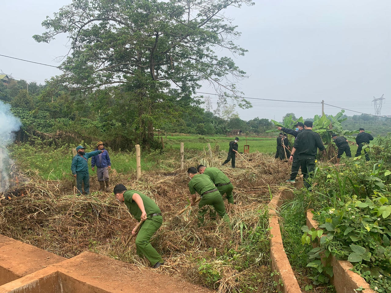 Lực lượng Công an đang phát quang bụi rậm giúp bà con đi lại thuận tiện hơn.
