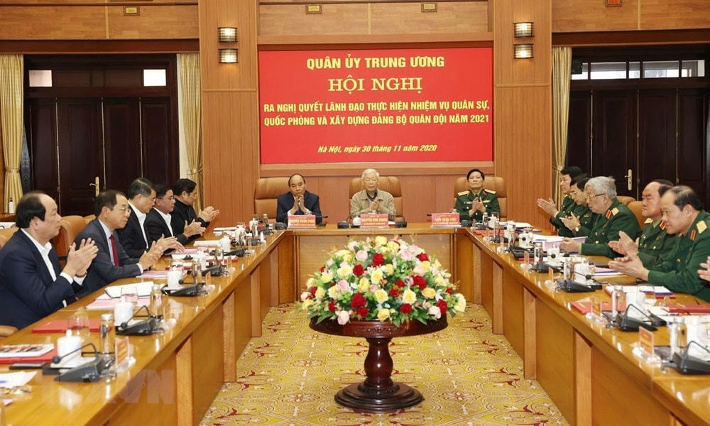 Tổng Bí thư, Chủ tịch nước Nguyễn Phú Trọng, Bí thư Quân ủy Trung ương chủ trì Hội nghị. (Ảnh: Trí Dũng/TTXVN).