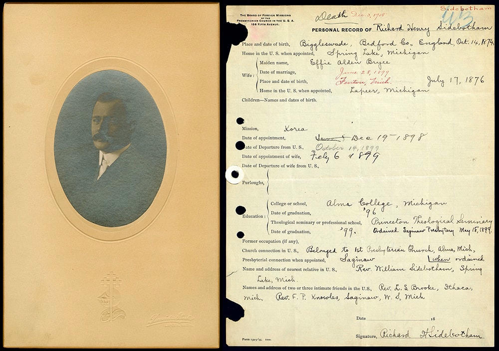 Chân dung của Richard H. Sidebotham năm 1907 và bức thư gửi Ban Truyền giáo Nước ngoài của Nhà thờ Trưởng lão ở Mỹ. Ảnh: Presbyterian.