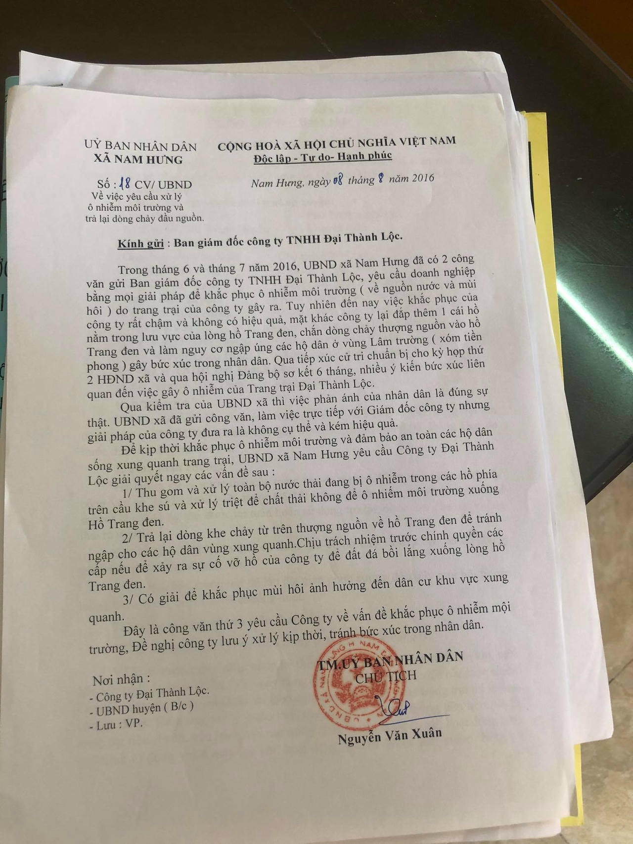 UBND xã Nam Hưng nhiều lần làm công văn yêu cầu Công ty Đại Thành Lộc khắc phục vấn đề ô nhiễm nhưng vẫn không hiệu quả.