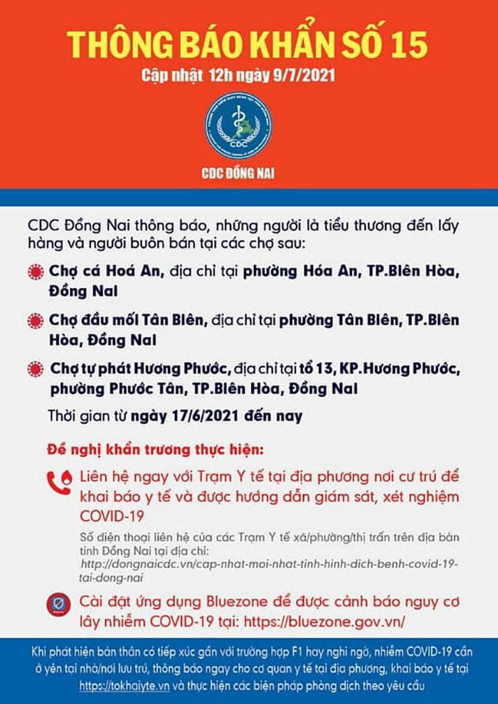 Thông báo khẩn của CDC Đồng Nai tìm người liên quan đến các chợ trên địa bàn Đồng Nai.