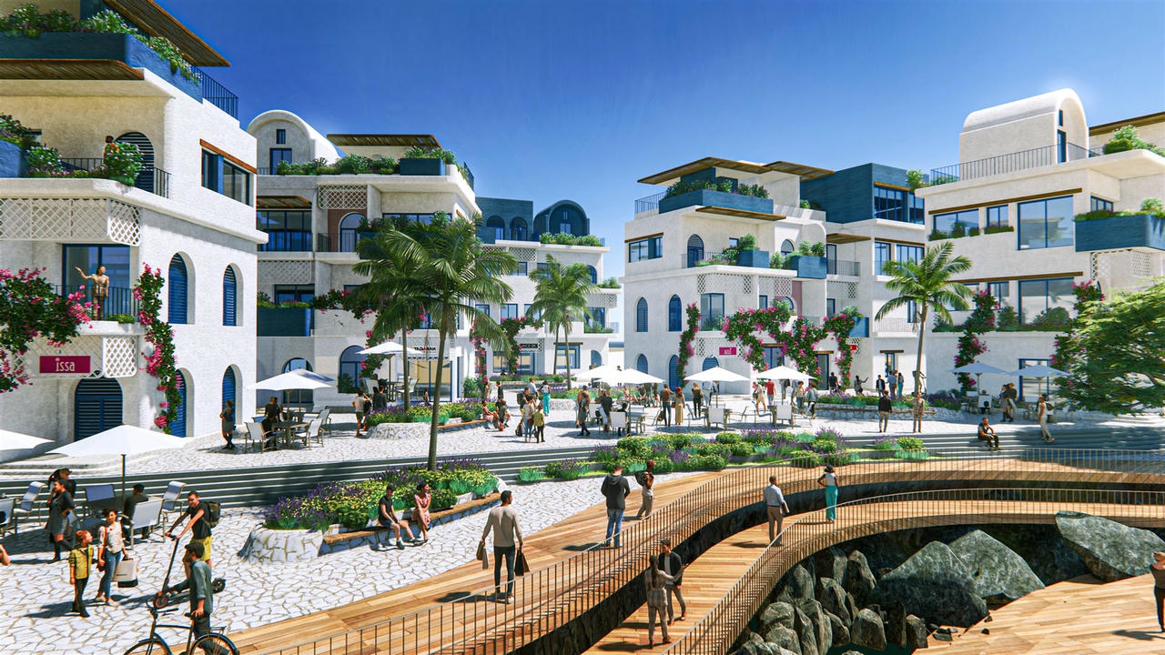 Một khu phố thương mại tại Đảo Thiên Đường được lấy cảm hứng từ Santorini (Hy Lạp). Ảnh minh họa.