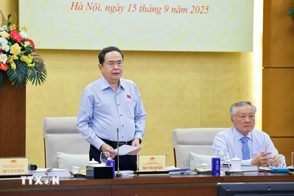 Chủ tịch Quốc hội Trần Thanh Mẫn, Chủ tịch Hội đồng Bầu cử quốc gia phát biểu. (Ảnh: Doãn Tấn/TTXVN)