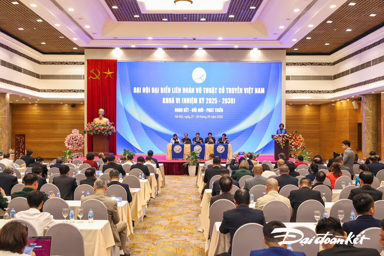 Quang cảnh Đại hội đại biểu Liên đoàn Võ thuật cổ truyền Việt Nam khoá VI (Nhiệm kỳ 2025 - 2030). Ảnh: Quang Vinh.