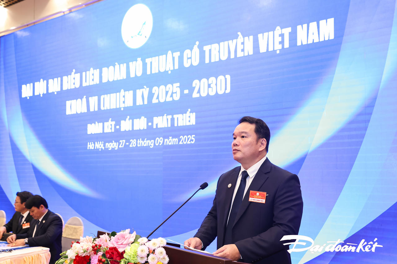 Ông Nguyễn Ngọc Anh, Chủ tịch Liên đoàn Võ thuật cổ truyền Việt Nam phát biểu tại đại hội đại biểu Võ thuật cổ truyền Việt Nam khoá VI (Nhiệm kỳ 2025 - 2030). Ảnh: Quang Vinh.