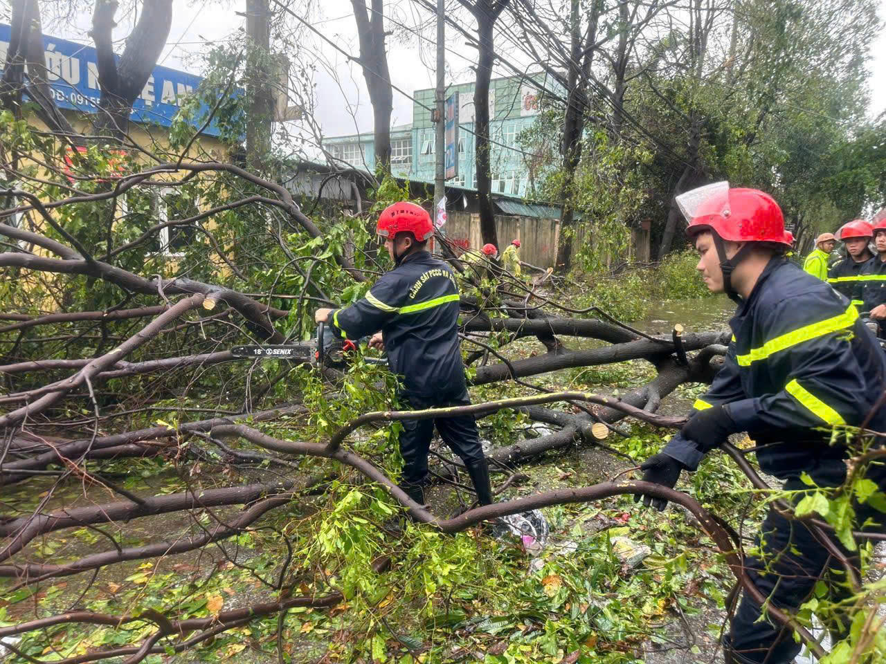 Lực lượng Công an lực lượng cùng các đơn vị liên quan tỉa cây xanh bị đổ, kéo cột điện gãy và dọn dẹp các vật liệu ngổn ngang để khôi phục trật tự giao thông. Ảnh: ĐB.