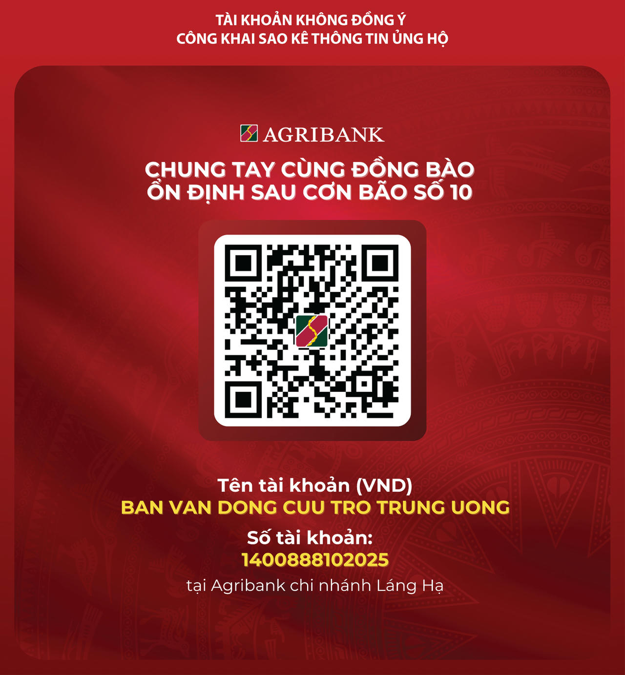 UBTƯ MTTQ Việt Nam thông tin số tài khoản tại Agribank tiếp nhận ủng hộ đồng bào chịu thiệt hại do bão số 10
