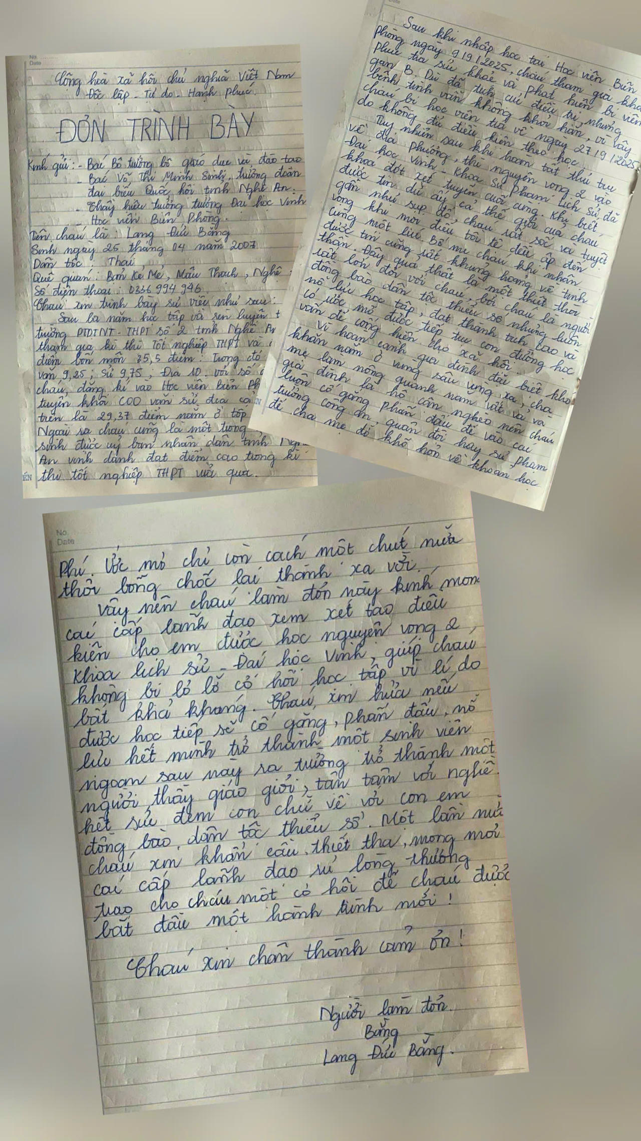 Lá đơn trình bày nguyện vọng của em Lang Đức Bằng trú bản Kẻ Mẻ, xã Mậu Thạch (huyện Con Cuông cũ), tỉnh Nghệ An. Ảnh: LH