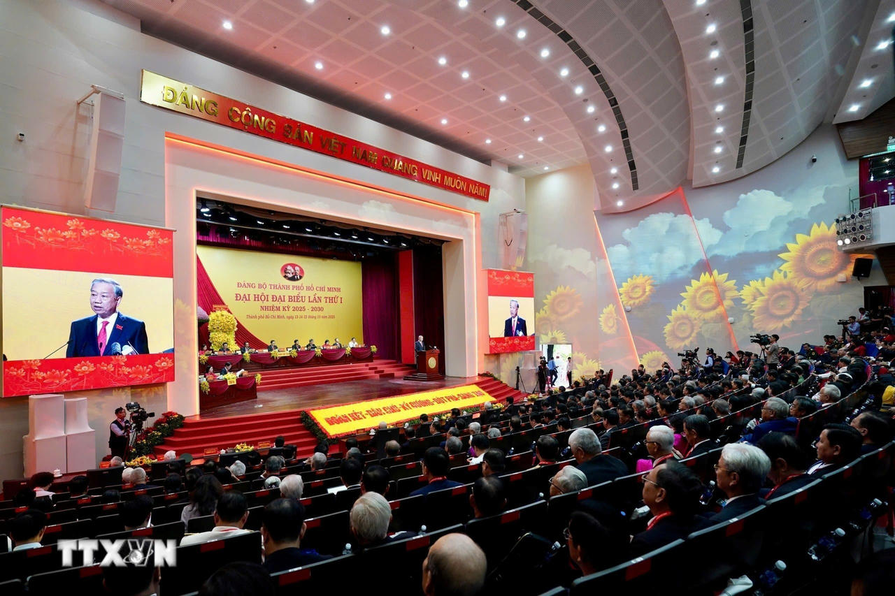 Quang cảnh Đại hội đại biểu Đảng bộ Thành phố Hồ Chí Minh lần thứ nhất, nhiệm kỳ 2025-2030. (Ảnh: Thanh Vũ/TTXVN)