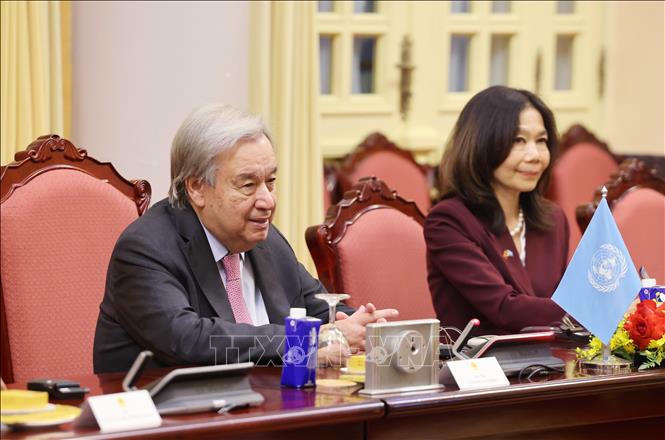 Tổng Thư ký Liên hợp quốc António Guterres phát biểu tại cuộc hội đàm với Chủ tịch nước Lương Cường. Ảnh: Lâm Khánh/TTXVN