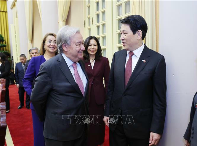 Chủ tịch nước Lương Cường với Tổng Thư ký Liên hợp quốc António Guterres sau hội đàm. Ảnh: Lâm Khánh/TTXVN