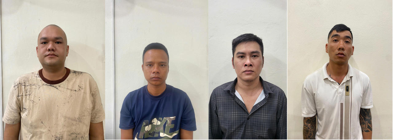 Từ trái qua phải 4 đối tượng Tùng, Trường, Vinh, Sơn tại Cơ quan Công an. Ảnh: Nguyễn Khánh.&nbsp;