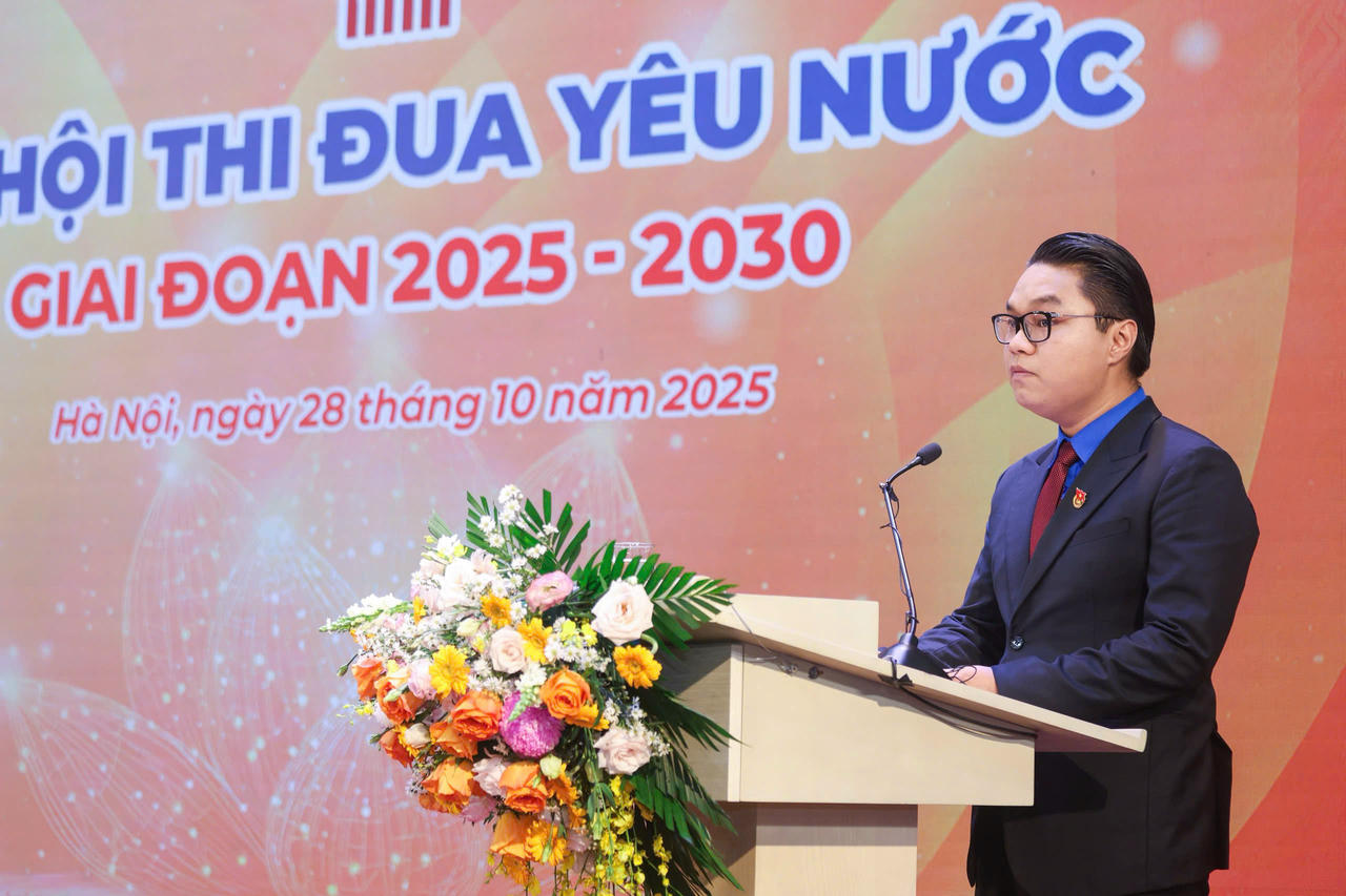 Ông Trần Minh Quang, Bí thư Đoàn Thanh niên Cơ quan UBTƯ MTTQ Việt Nam phát biểu tại Đại hội. Ảnh: Quang Vinh. 