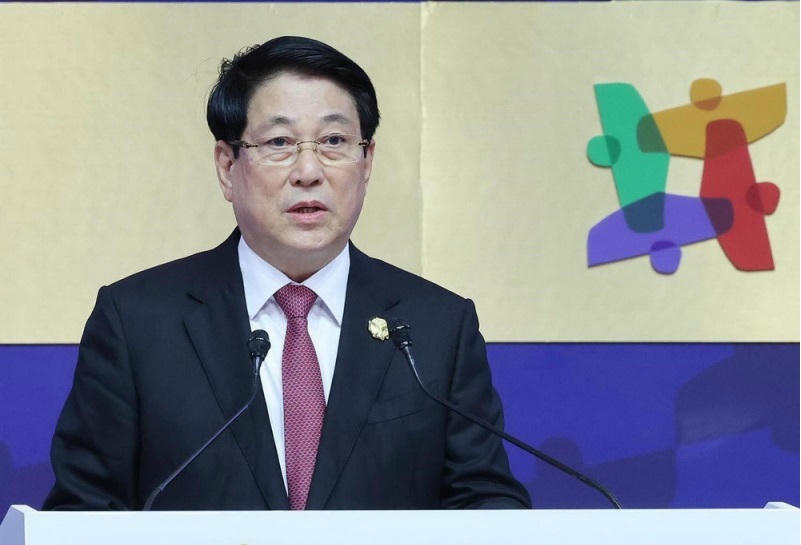 Chủ tịch nước Lương Cường phát biểu tại Hội nghị Thượng đỉnh Doanh nghiệp APEC 2025. Ảnh: Lâm Khánh/TTXVN