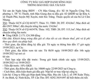 Công ty đấu giá Hợp danh Sông Hậu thông báo Đấu giá tài sản