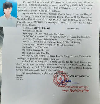 Hải Phòng: Truy nã nữ giám đốc công ty du học để xử lý hành vi lừa đảo
