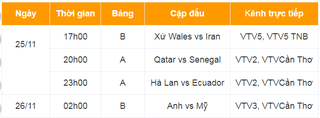 Lịch thi đấu World Cup 2022 ngày 25/11/2022