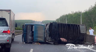 Xe tải chở heo bị lật ngang trên cao tốc Long Thành- Dầu Giây