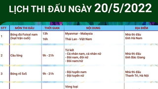 Lịch thi đấu ngày 20/5: Futsal nam, cầu lông, bóng rổ hy vọng thêm HCV