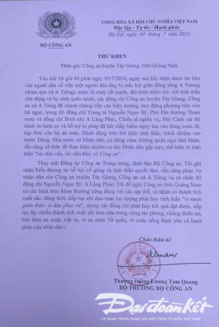 Quảng Nam: Bộ trưởng Bộ Công an gửi Thư khen Công an huyện Tây Giang