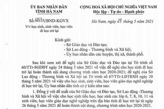 Hà Nam: Học sinh, sinh viên đi học trở lại từ ngày 26/5