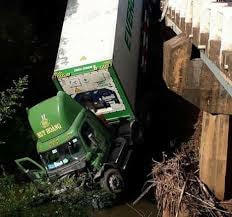Tông sập lan can cầu, xe container lao xuống sông