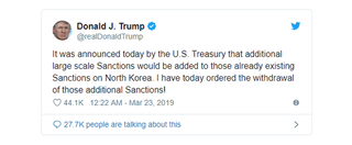 Ông Trump bất ngờ lệnh rút lại lệnh trừng phạt bổ sung với Triều Tiên